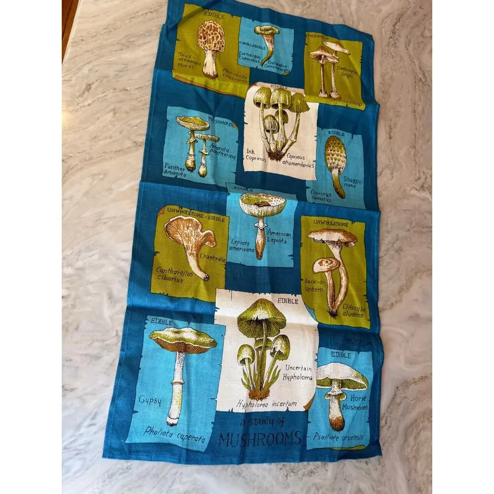 Vintage Mushroom Story Linen Tea Dish Towel Blue Green
